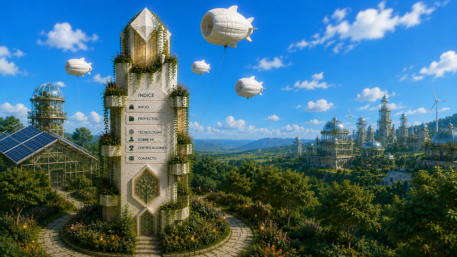 Torre de piedra con dirigibles sobre un valle y una ciudad de cúpulas de cristal, al mediodía